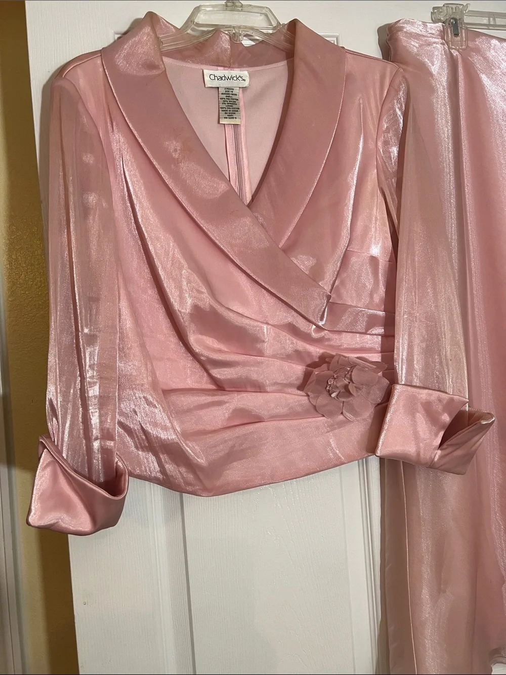 Chadwicks Shimmery Pink Two-Piece Skirt Set with Floral Accent - Picture 2 of 3